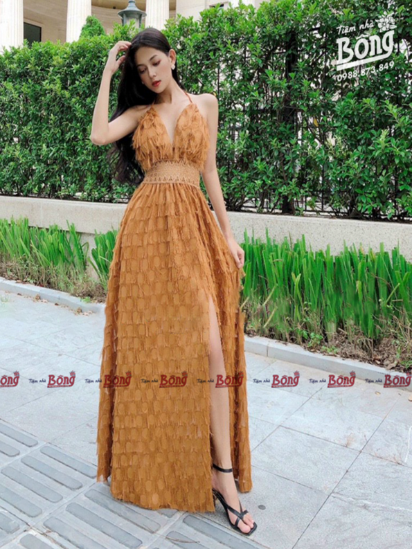 Maxi Lông Ren Eo Boho Nâu 01