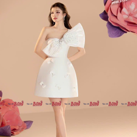 Cho Thuê Váy Ngắn Trắng Nơ Kết Đá Lệch Vai