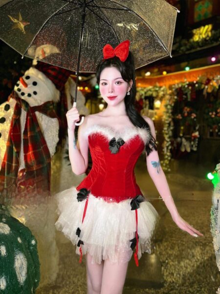 Cho Thuê Váy Ngắn Noel Áo Corset Gắn Nơ Đỏ