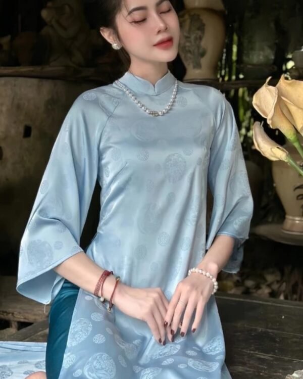 Cho Thuê Áo Dài Cổ Trụ Họa Tiết Hỉ Xanh