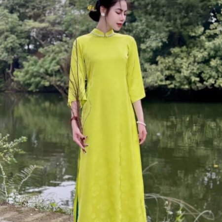 Cho Thuê Áo Dài Cổ Trụ Họa Tiết Hỉ Xanh Cốm