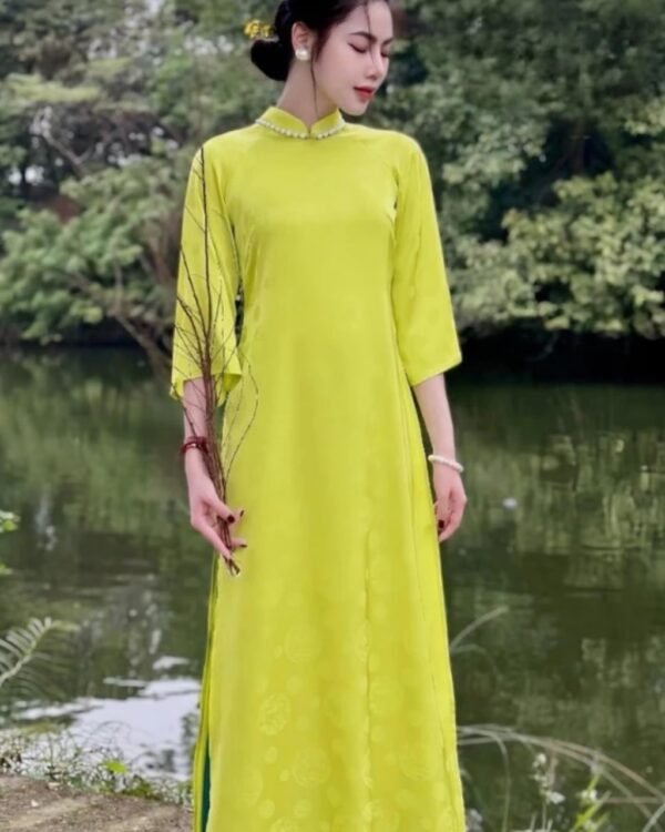 Cho Thuê Áo Dài Cổ Trụ Họa Tiết Hỉ Xanh Cốm