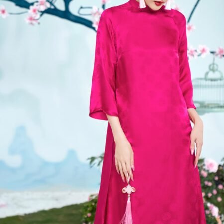 Cho Thuê Áo Dài Cổ Trụ Họa Tiết Hỉ Hồng Đậm