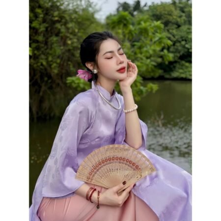 Cho Thuê Áo Dài Cổ Trụ Họa Tiết Hỉ Tím