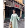 Áo Dài Cổ Tròn Hoa Chìm Xanh Ngọc 04
