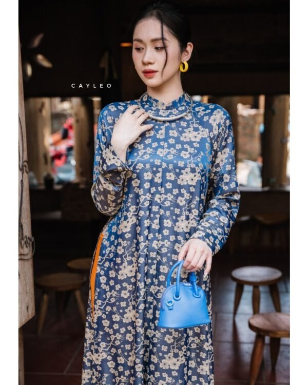 Cho Thuê Áo Dài Lụa Gấm CayLeo Xanh Dương