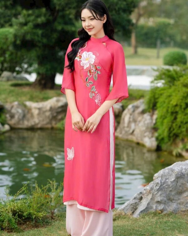 Cho Thuê Áo Dài Hai Lớp Thêu Hoa Đào Hồng