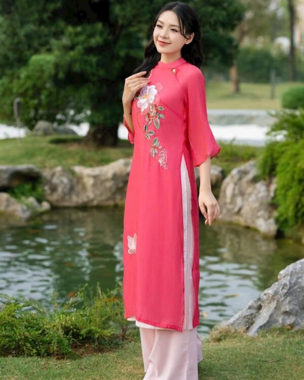 Cho Thuê Áo Dài Hai Lớp Thêu Hoa Đào Hồng