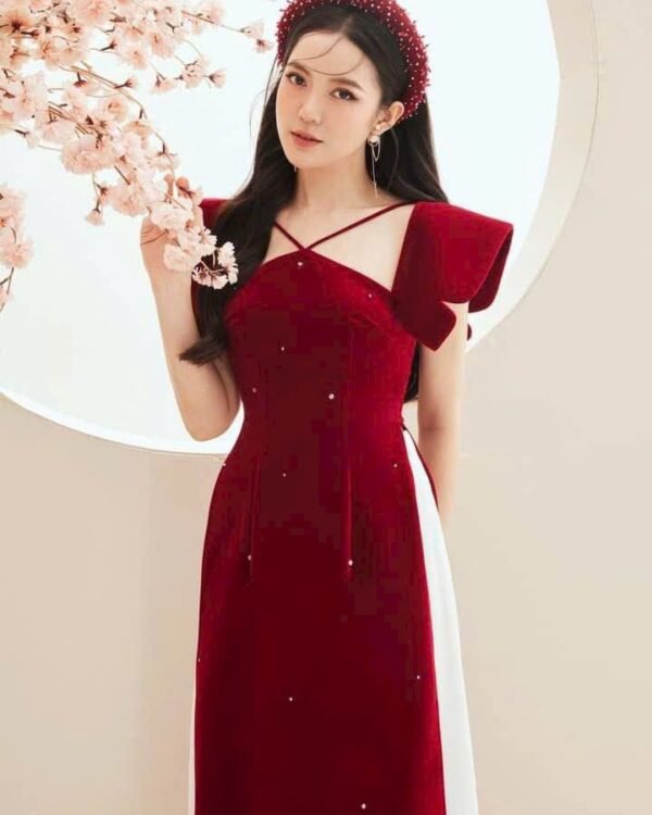 Cho Thuê Áo Dài Nhung Tay Ngắn Cánh Tiên Đỏ