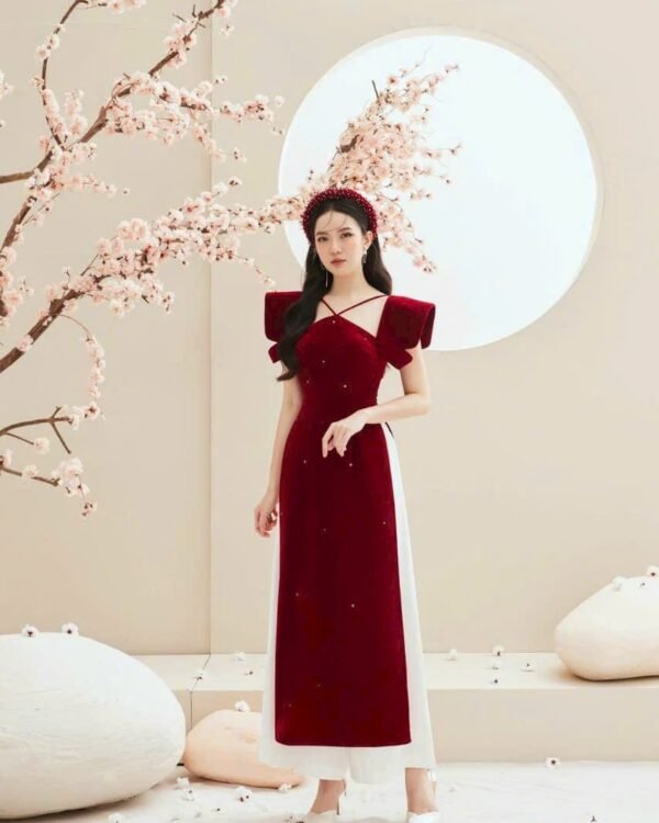 Cho Thuê Áo Dài Nhung Tay Ngắn Cánh Tiên Đỏ