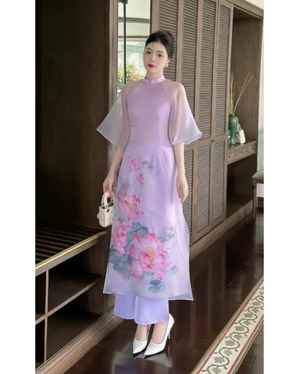 Cho Thuê Áo Dài Tay Lỡ Hoa Sen Tím