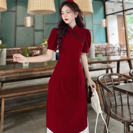 Cho Thuê Áo Dài Nhung Cổ Tàu Đỏ