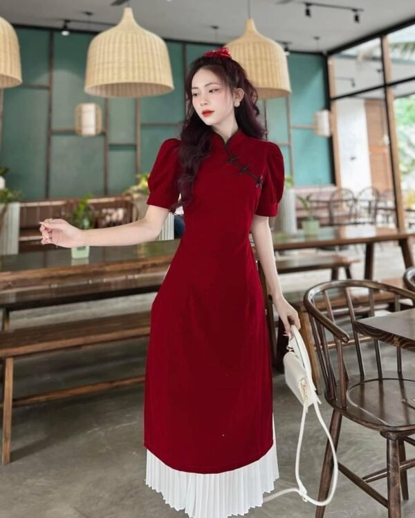 Cho Thuê Áo Dài Nhung Cổ Tàu Đỏ