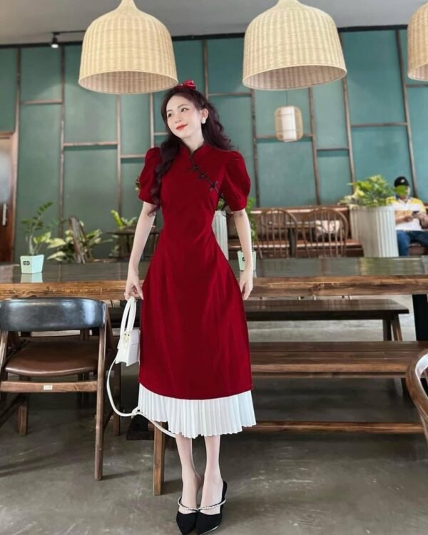Cho Thuê Áo Dài Nhung Cổ Tàu Đỏ