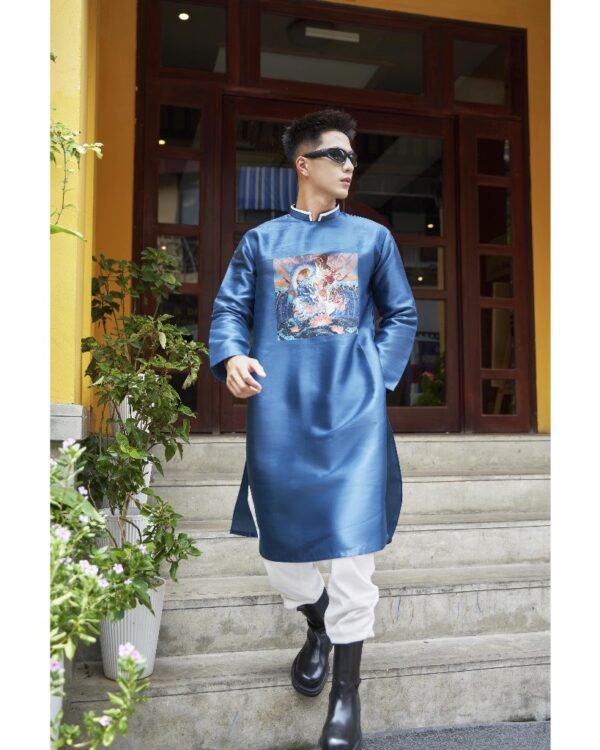 Cho Thuê Áo Dài Cách Tân Nam Họa Tiết Rồng Xanh