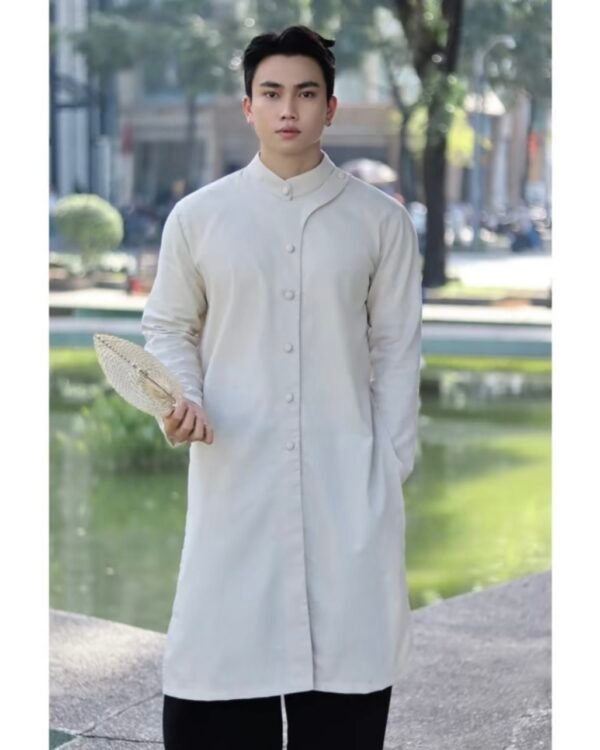 Cho Thuê Áo Dài Cách Tân Nam Đính Nút Giữa Kem