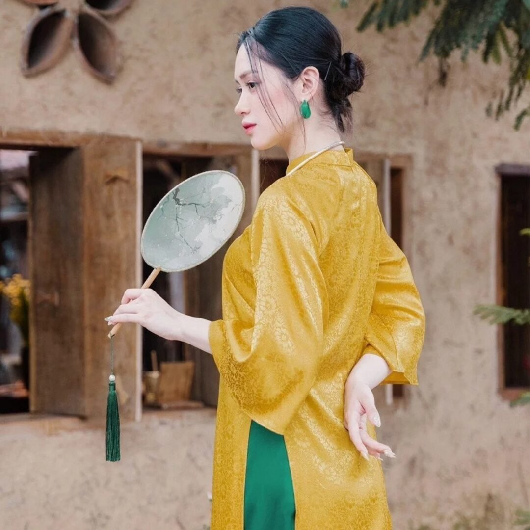 Áo Dài Cổ Trụ CayLeo Hoa Vàng 03