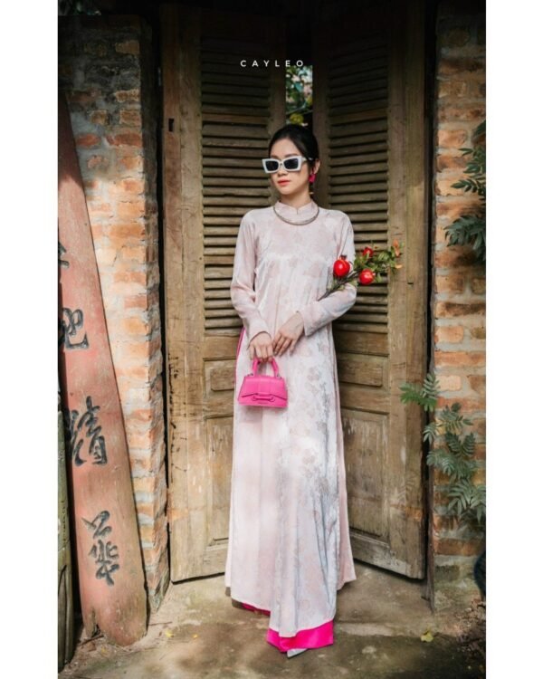 Cho Thuê Áo Dài Cổ Trụ CayLeo Tay Dài Hoa Hồng