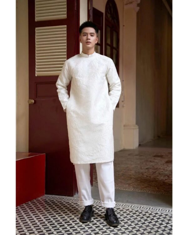 Cho Thuê Áo Dài Gấm Nam Vân Nổi Trắng (Có Bigsize)