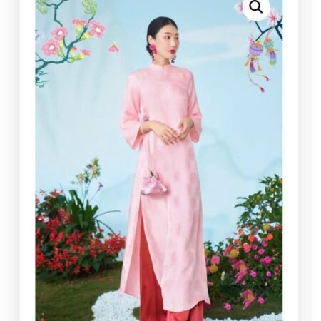 Cho Thuê Áo Dài Cổ Trụ Họa Tiết Hỉ Hồng
