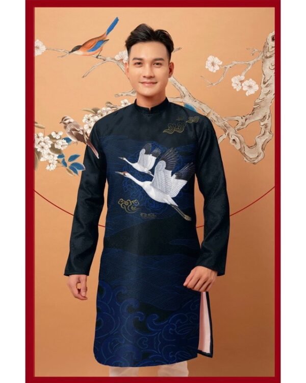 Cho Thuê Áo Dài Cách Tân Nam Chim Hạc Xanh Đen