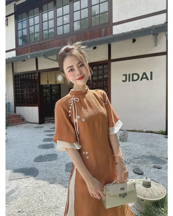 Cho Thuê Áo Dài Voan Thêu Hoa Nhỏ Cam