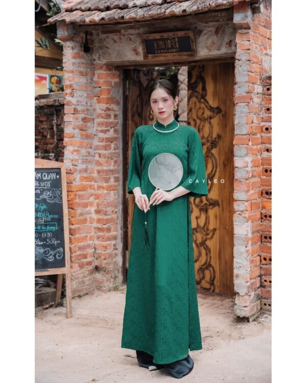 Cho Thuê Áo Dài Cổ Trụ CayLeo Hoa Xanh Lá Đậm