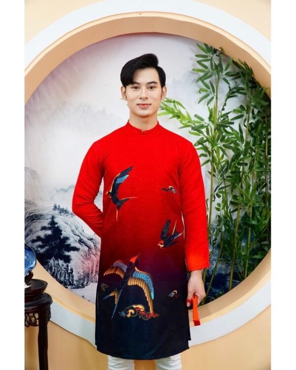 Cho Thuê Áo Dài Cách Tân Nam Chim Hạc Đỏ Đen
