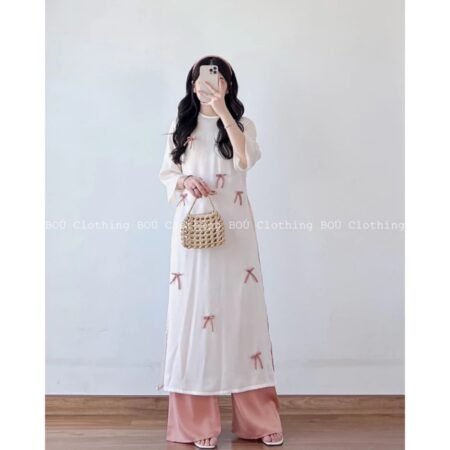 Cho Thuê Áo Dài Đính Nơ Nâu Trơn Kem