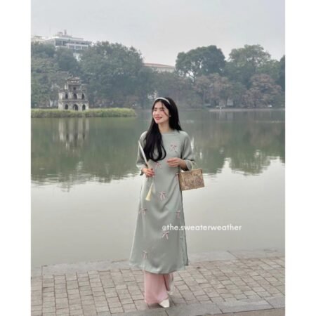 Cho Thuê Áo Dài Đính Nơ Hồng Trơn Xanh