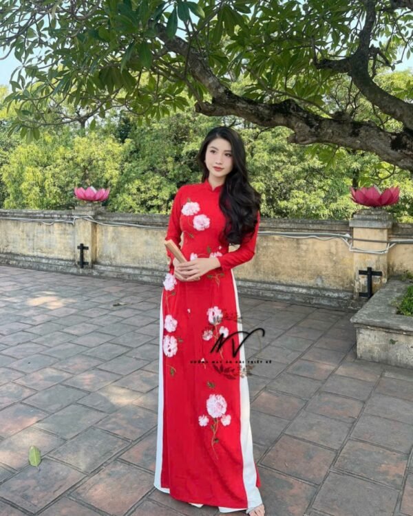 Cho Thuê Áo Dài Đỏ Đính Hoa Trắng