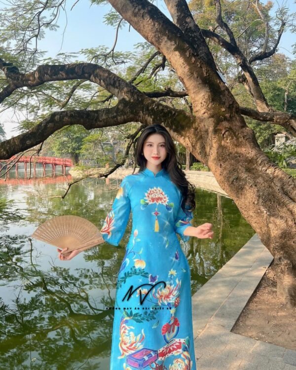 Cho Thuê Áo Dài Đính Hoa Sen Xanh Dương