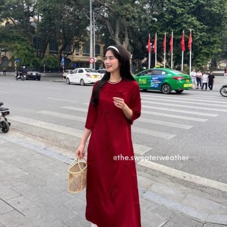 Cho Thuê Áo Dài Đính Nơ Đỏ Trơn Đỏ