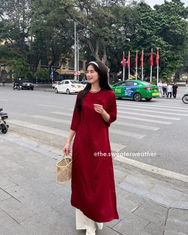 Cho Thuê Áo Dài Đính Nơ Đỏ Trơn Đỏ