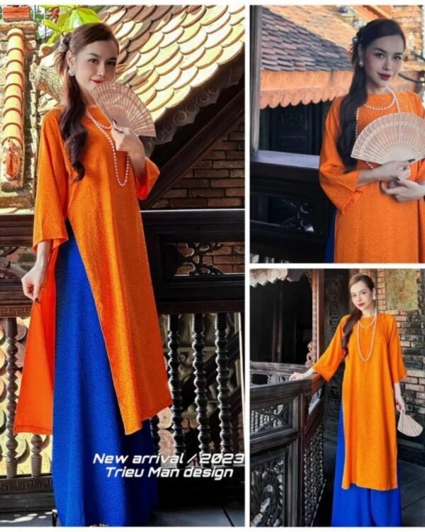 Cho Thuê Áo Dài Cổ Tròn Hoa Chìm Cam