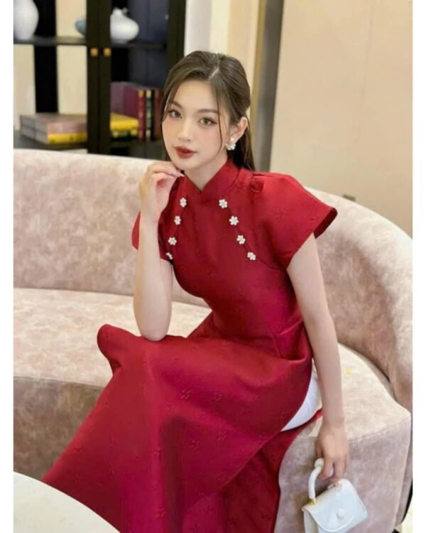 Cho Thuê Áo Dài Tay Phồng Cổ Trụ Đỏ