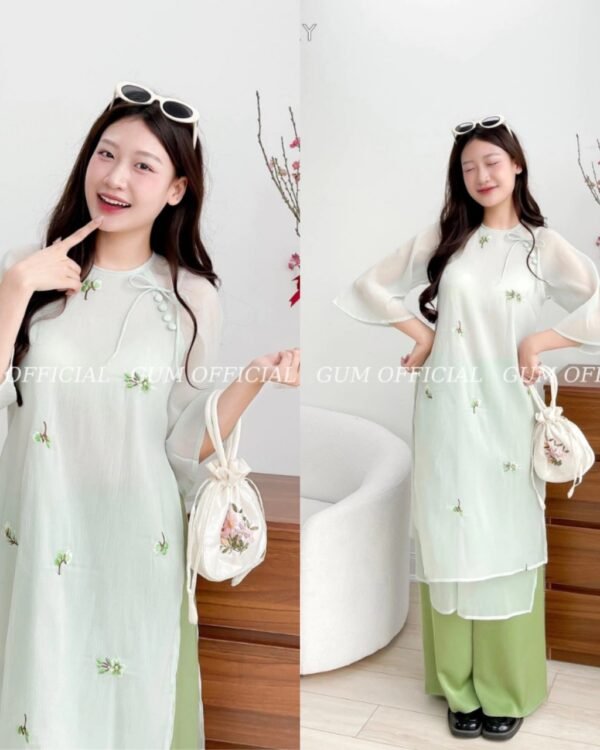 Cho Thuê Áo Dài Nút Vai Thêu Hoa Xanh Ngọc