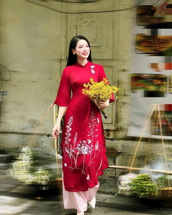 Cho Thuê Áo Dài Cổ Trụ Hoa Trắng Đỏ