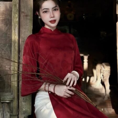 Cho Thuê Áo Dài Cổ Trụ Họa Tiết Hỉ Đỏ