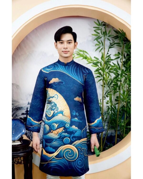 Cho Thuê Áo Dài Nam Con Rồng Cháu Tiên Xanh Dương