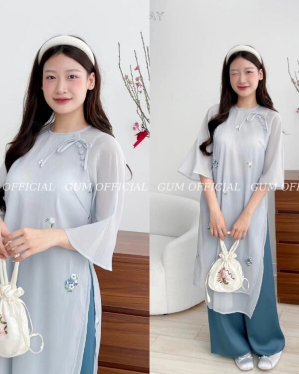 Cho Thuê Áo Dài Nút Vai Thêu Hoa Xanh Dương