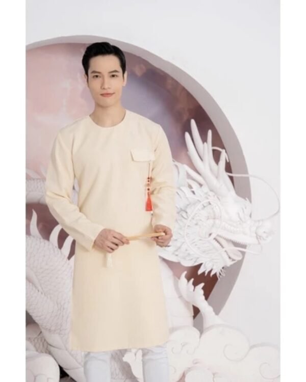 Cho Thuê Áo Dài Nam Cổ Tròn Nắp Túi Ngực Vàng