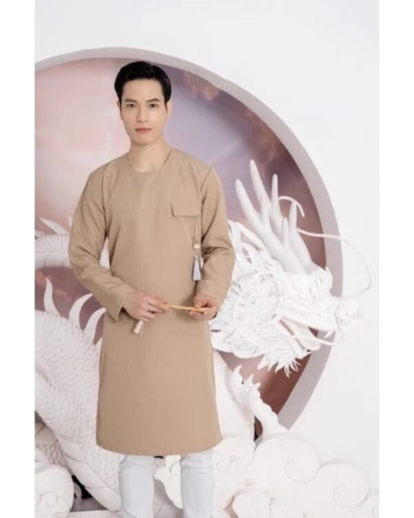 Cho Thuê Áo Dài Nam Cổ Tròn Nắp Túi Ngực Nâu