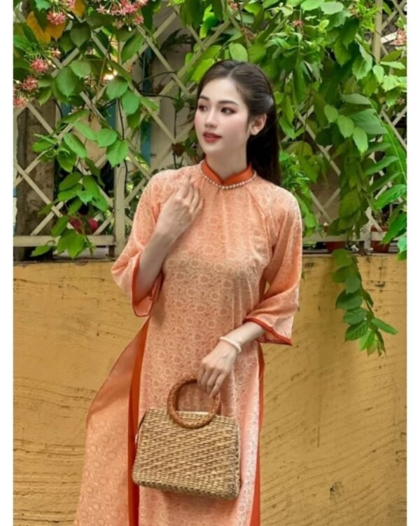 Cho Thuê Áo Dài Hoa Viền Tay Cổ Cam