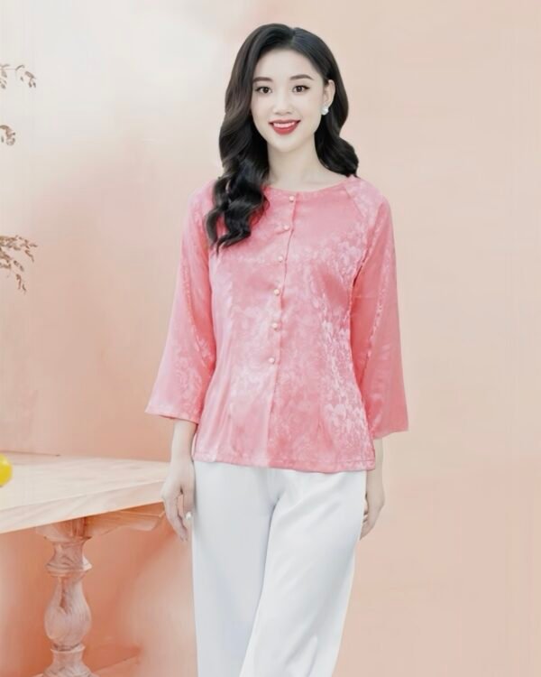Cho Thuê Set Bà Ba Cổ Tròn Hoa Chìm Hồng Nhạt (Có Bigsize)