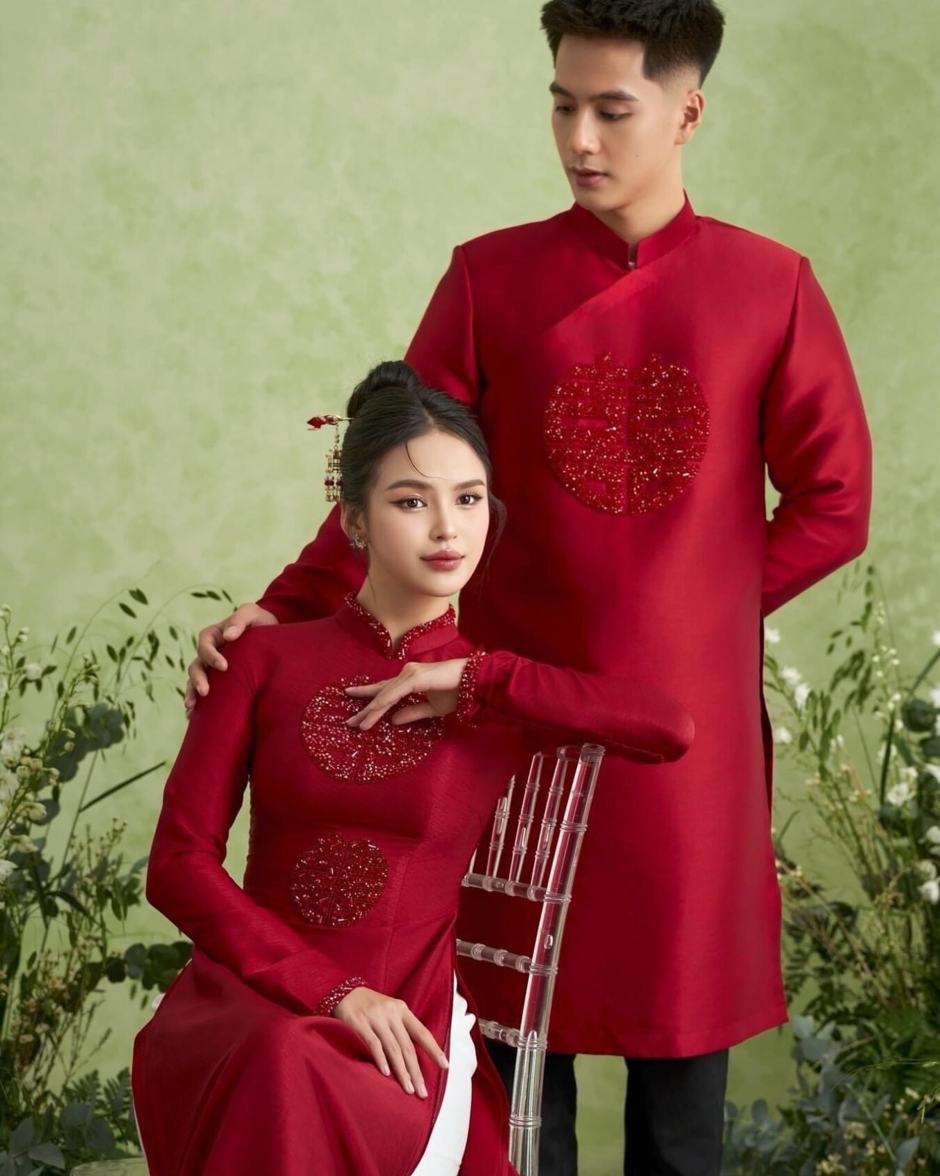 Cho Thuê Áo Dài Couple Nam Nữ Đỏ