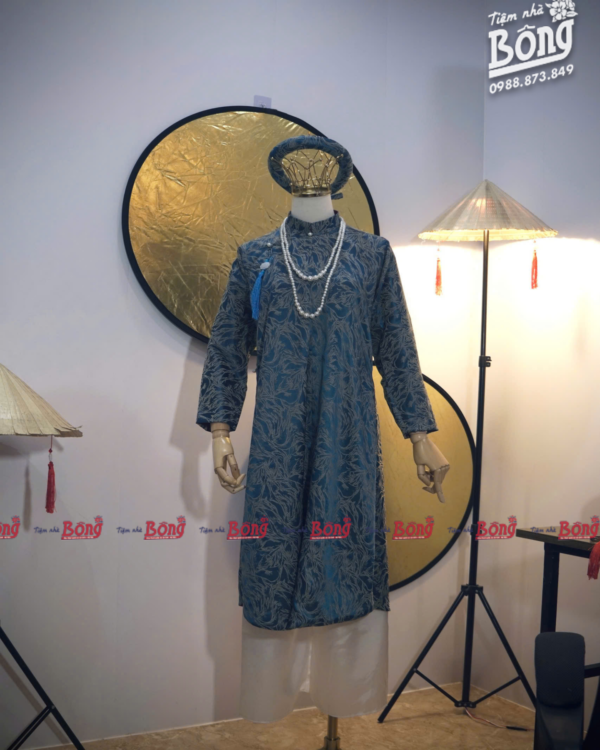Cho Thuê Áo Tấc Nữ Tay Chẽn Hoa Văn Gấm Xanh Dương (Kèm Mấn)