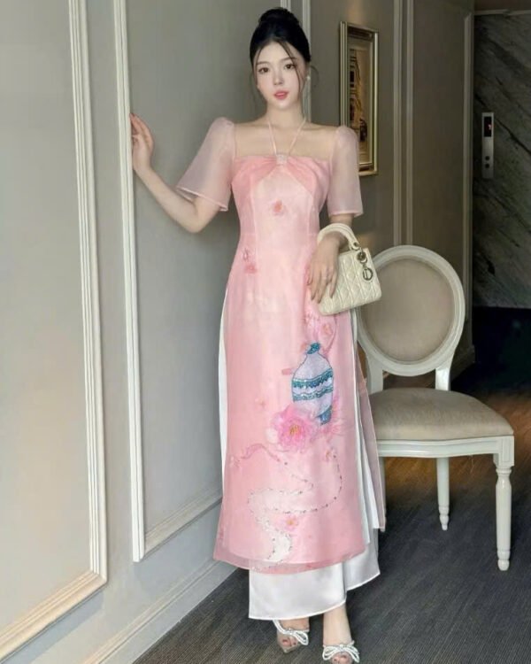 Cho Thuê Áo Dài Nơ Ngực Bình Hoa Hồng