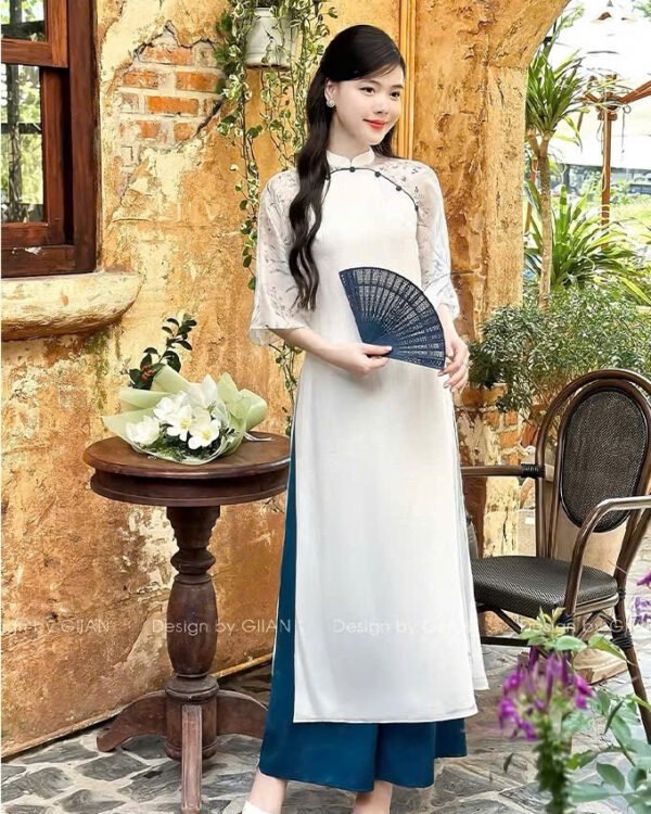 Cho Thuê Áo Dài Viền Nút Nàng Mộc Nhiên Kem