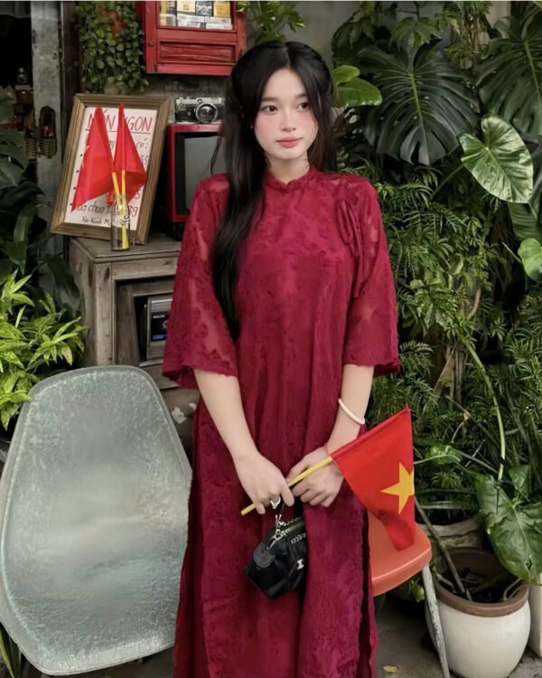 Cho Thuê Áo Dài Cổ Trụ Lông Vũ Havana Đỏ (Có Bigsize)